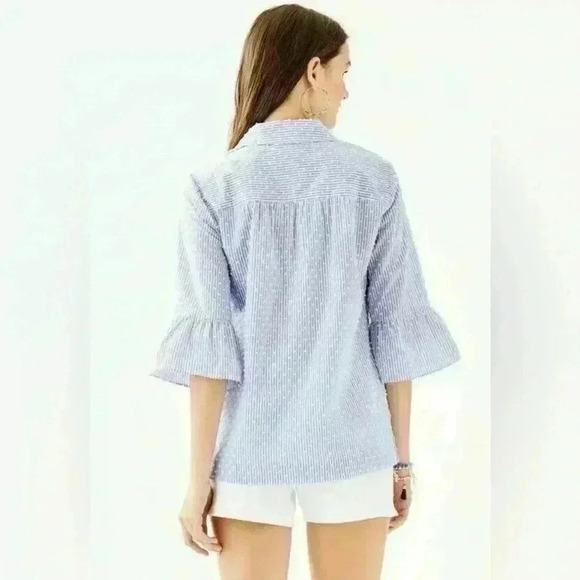 Lily Pulitzer Ginger Cotton Stretch Top flounce sleeve blue white Women's small - Picture 2 of 13
